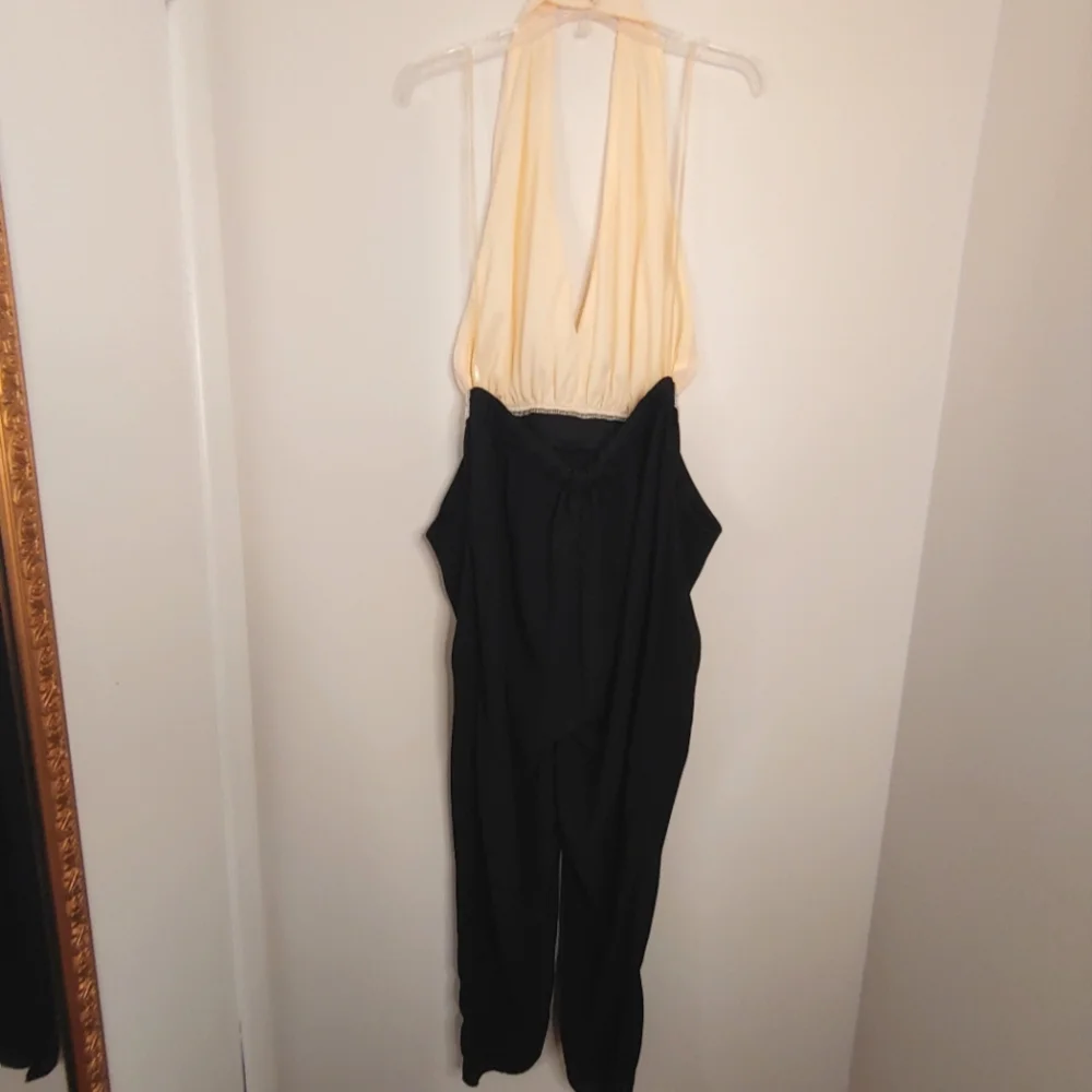 Line Up Y2k black & cream rhinestone halter jumpsuit. Size L - Picture 9 of 14